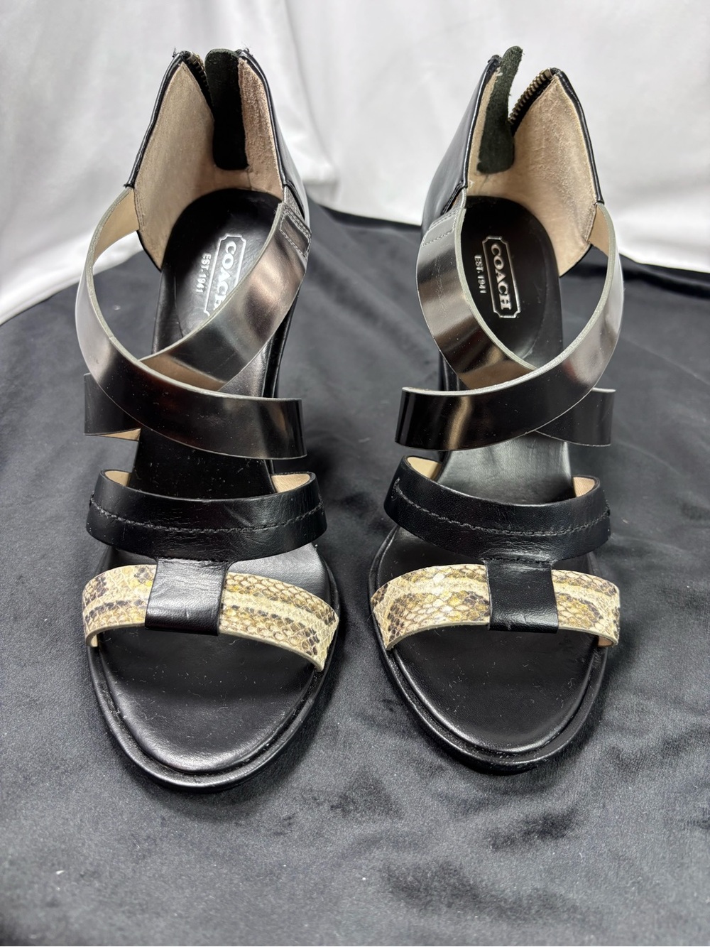Coach Jody Cage Sandals Black Leather & Snakeskin Print High Heel Sandals Sz 7.5 - Picture 2 of 8